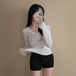 【起毛】Vネックスリットスリム無地長袖Tシャツ IVORY