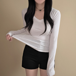 【起毛】Vネックスリットスリム無地長袖Tシャツ IVORY