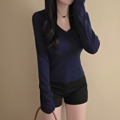 【起毛】Vネックスリットスリム無地長袖Tシャツ NAVY(WINTER)