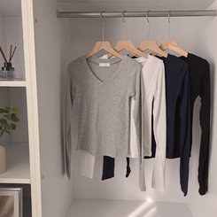 【起毛】Vネックスリットスリム無地長袖Tシャツ