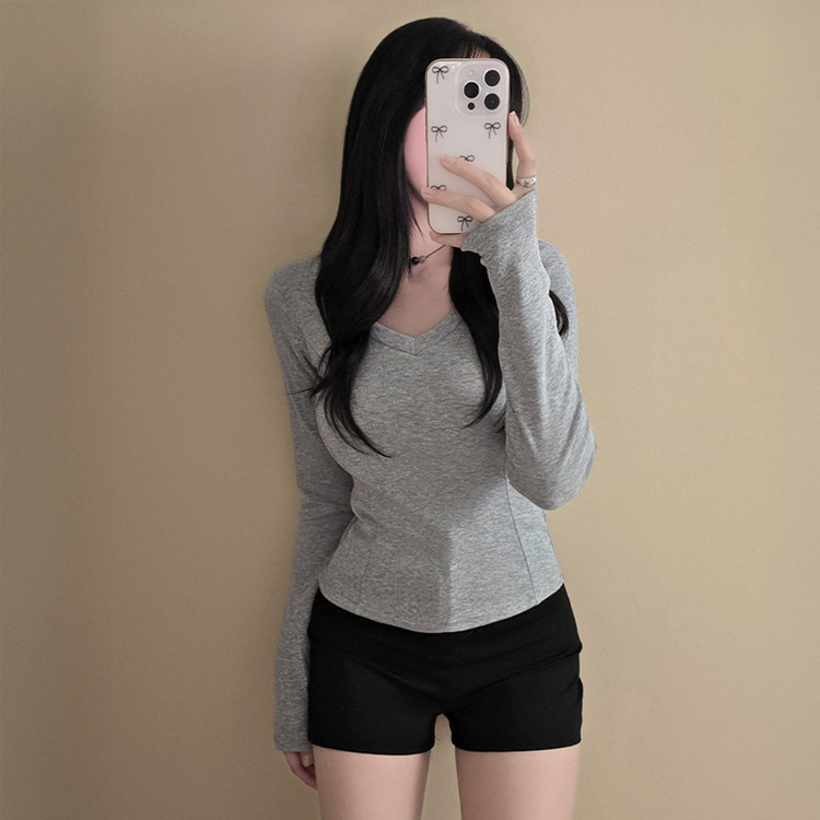 【起毛】Vネックスリットスリム無地長袖Tシャツ GREY