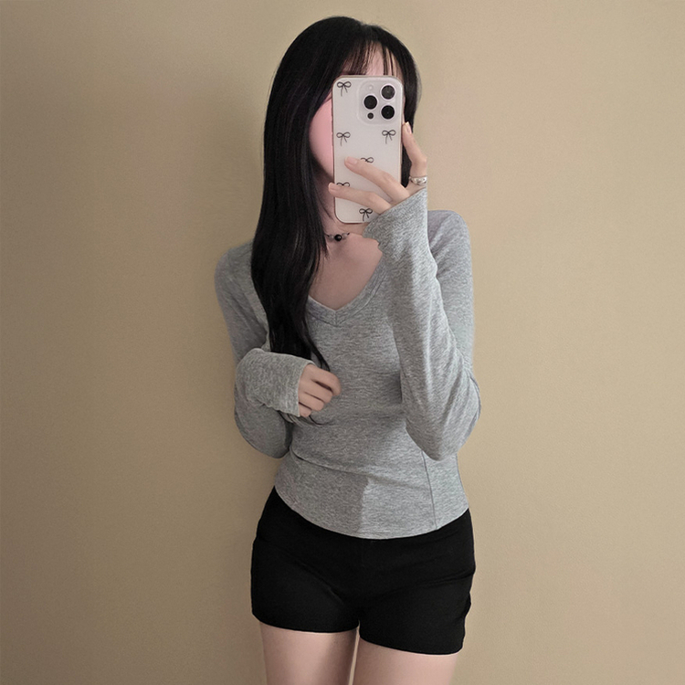 【起毛】Vネックスリットスリム無地長袖Tシャツ GREY