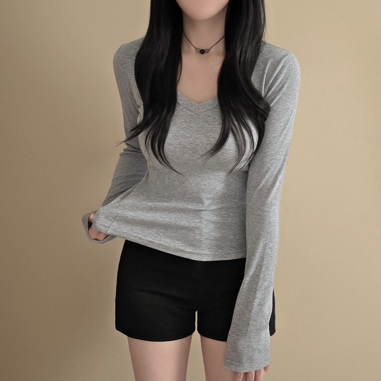 【起毛】Vネックスリットスリム無地長袖Tシャツ GREY