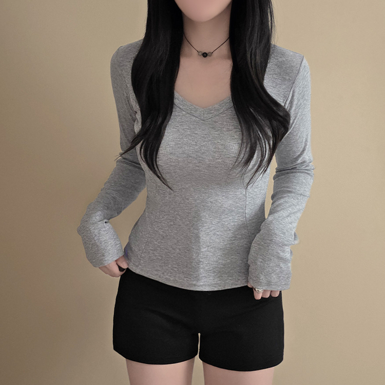 【起毛】Vネックスリットスリム無地長袖Tシャツ GREY