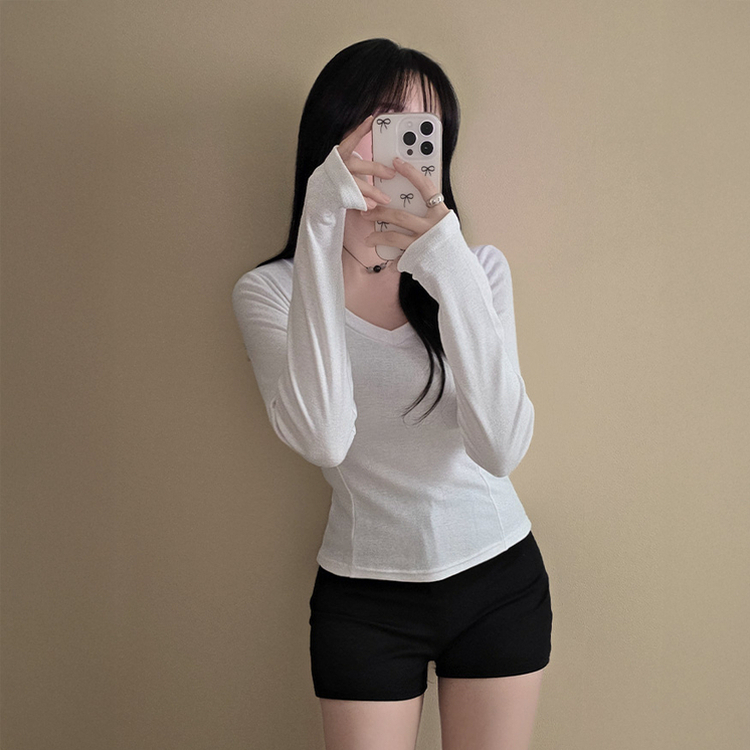 【起毛】Vネックスリットスリム無地長袖Tシャツ IVORY