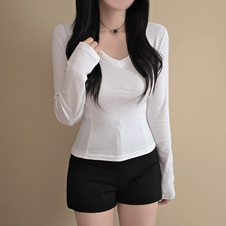 【起毛】Vネックスリットスリム無地長袖Tシャツ IVORY