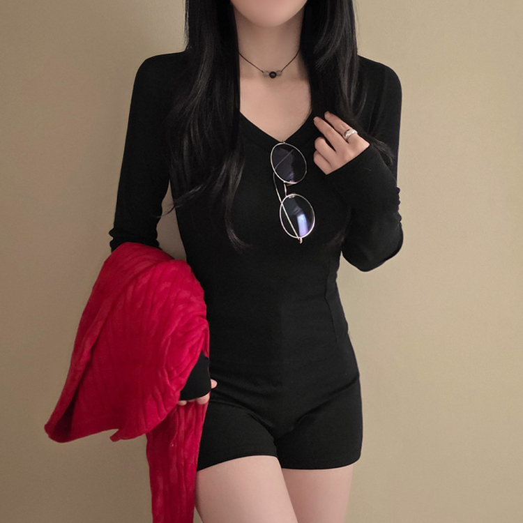 【起毛】Vネックスリットスリム無地長袖Tシャツ BLACK