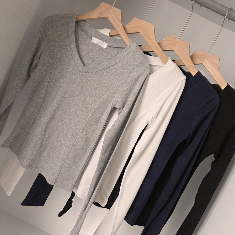 【起毛】Vネックスリットスリム無地長袖Tシャツ