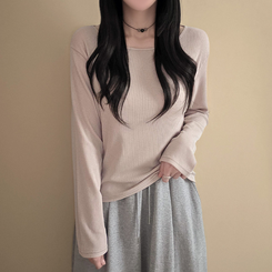 【起毛】リブスリム無地長袖Tシャツ BEIGE