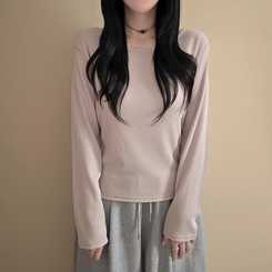 【起毛】リブスリム無地長袖Tシャツ BEIGE