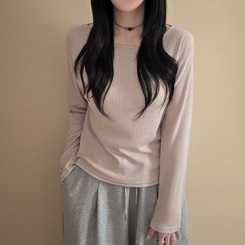 【起毛】リブスリム無地長袖Tシャツ BEIGE