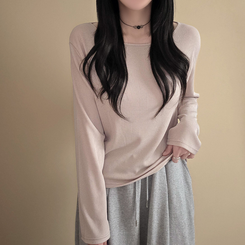 【起毛】リブスリム無地長袖Tシャツ BEIGE