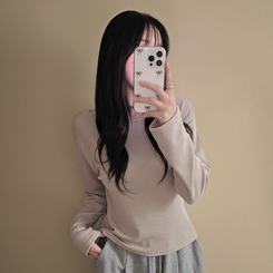 【起毛】リブスリム無地長袖Tシャツ BEIGE