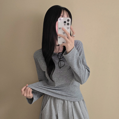 【起毛】リブスリム無地長袖Tシャツ GREY