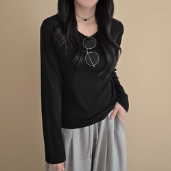 【起毛】リブスリム無地長袖Tシャツ BLACK