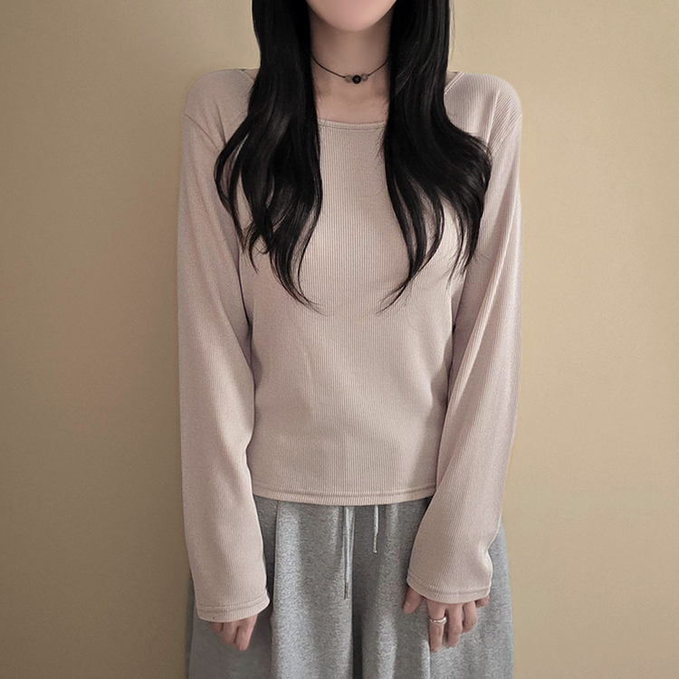 【起毛】リブスリム無地長袖Tシャツ BEIGE