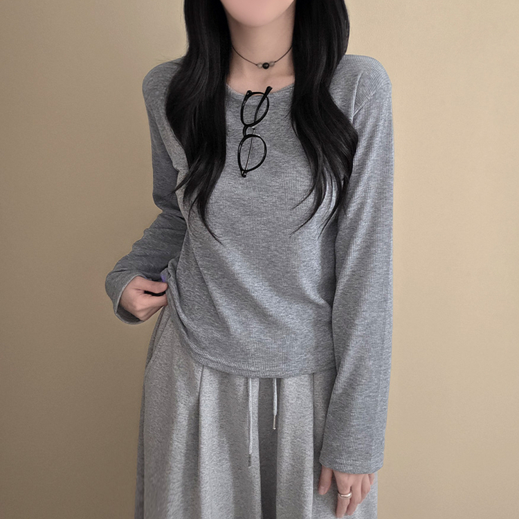 【起毛】リブスリム無地長袖Tシャツ GREY