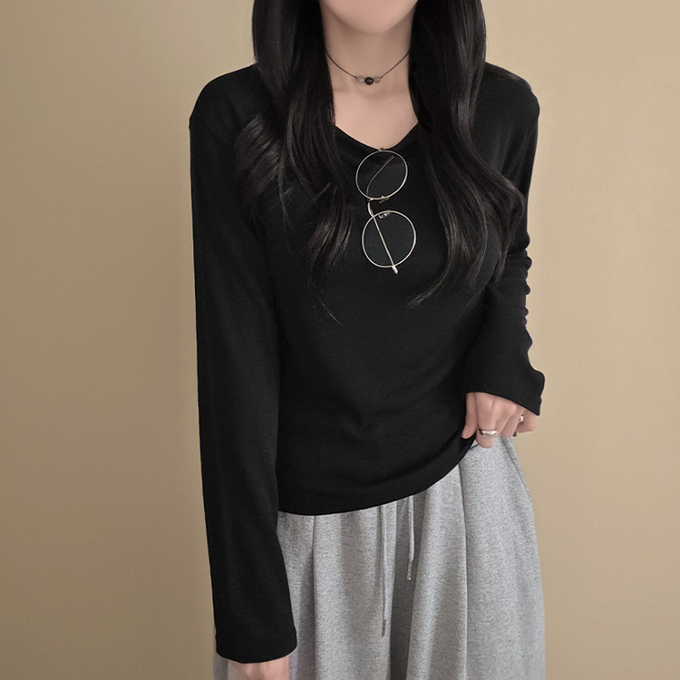 【起毛】リブスリム無地長袖Tシャツ BLACK