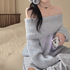 厚手モヘアオフショルダーバルーンニット SKYBLUE