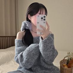 厚手モヘアオフショルダーバルーンニット GREY