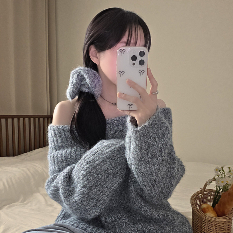 厚手モヘアオフショルダーバルーンニット GREY