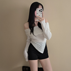 アンバランススリムクロップニットTシャツ WHITE