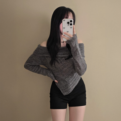 アンバランススリムクロップニットTシャツ GREY