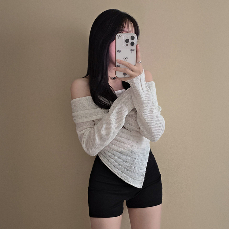 アンバランススリムクロップニットTシャツ WHITE