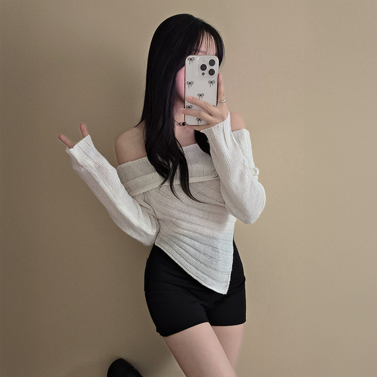 アンバランススリムクロップニットTシャツ WHITE