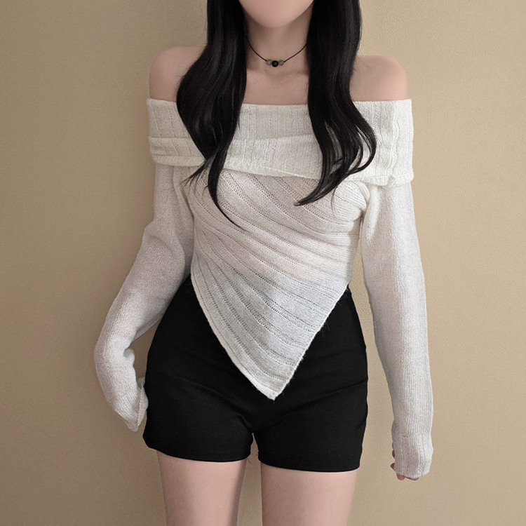 アンバランススリムクロップニットTシャツ WHITE