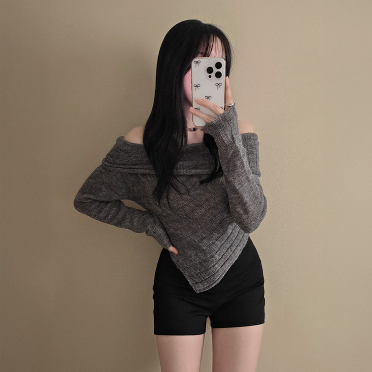 アンバランススリムクロップニットTシャツ GREY