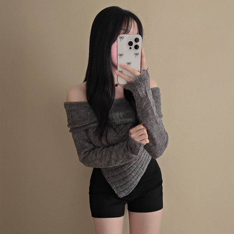 アンバランススリムクロップニットTシャツ GREY