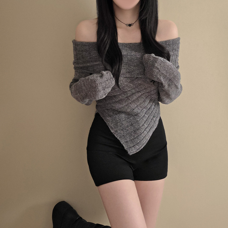 アンバランススリムクロップニットTシャツ GREY