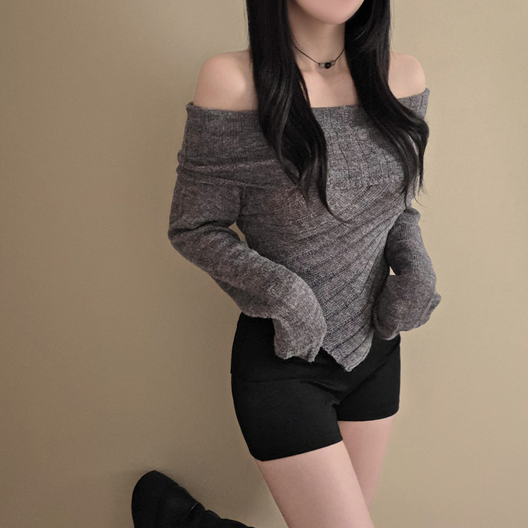 アンバランススリムクロップニットTシャツ GREY