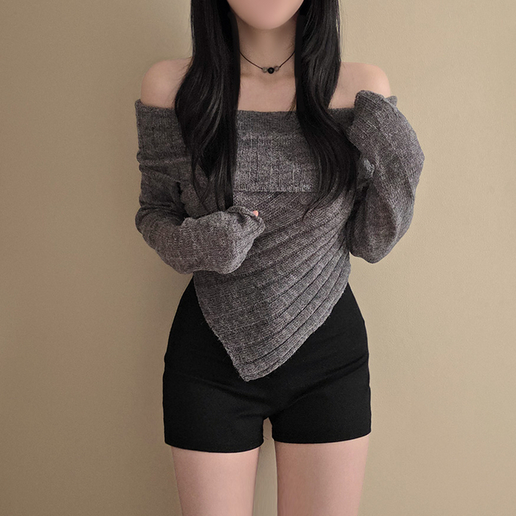 アンバランススリムクロップニットTシャツ GREY