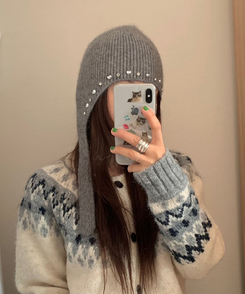 ハート宝石ビーズスタッドアンゴラビーニー GREY