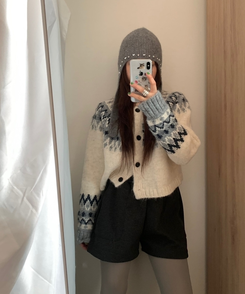 ハート宝石ビーズスタッドアンゴラビーニー GREY