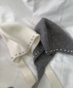 ハート宝石ビーズスタッドアンゴラビーニー