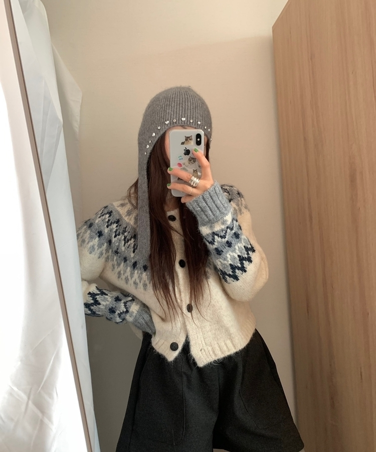 ハート宝石ビーズスタッドアンゴラビーニー GREY