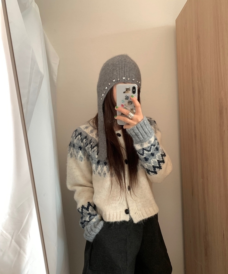 ハート宝石ビーズスタッドアンゴラビーニー GREY