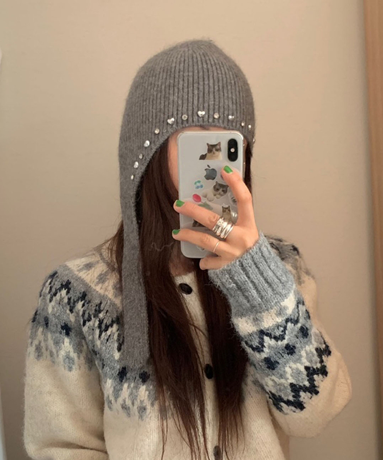 ハート宝石ビーズスタッドアンゴラビーニー GREY