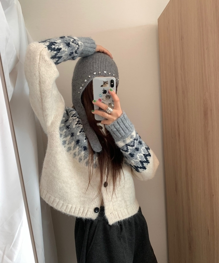 ハート宝石ビーズスタッドアンゴラビーニー GREY