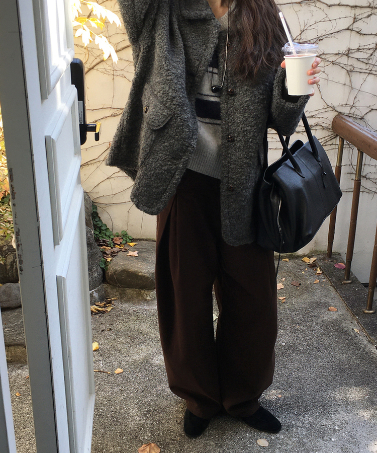 【起毛】スリットバルーンワイドパンツ BROWN