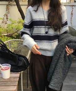ストライプウールニット GREY