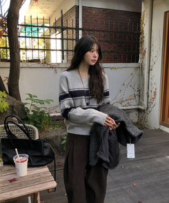 ストライプウールニット GREY