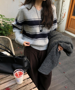 ストライプウールニット GREY