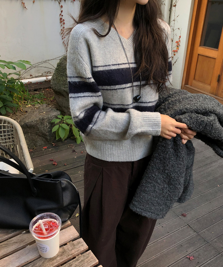 ストライプウールニット GREY