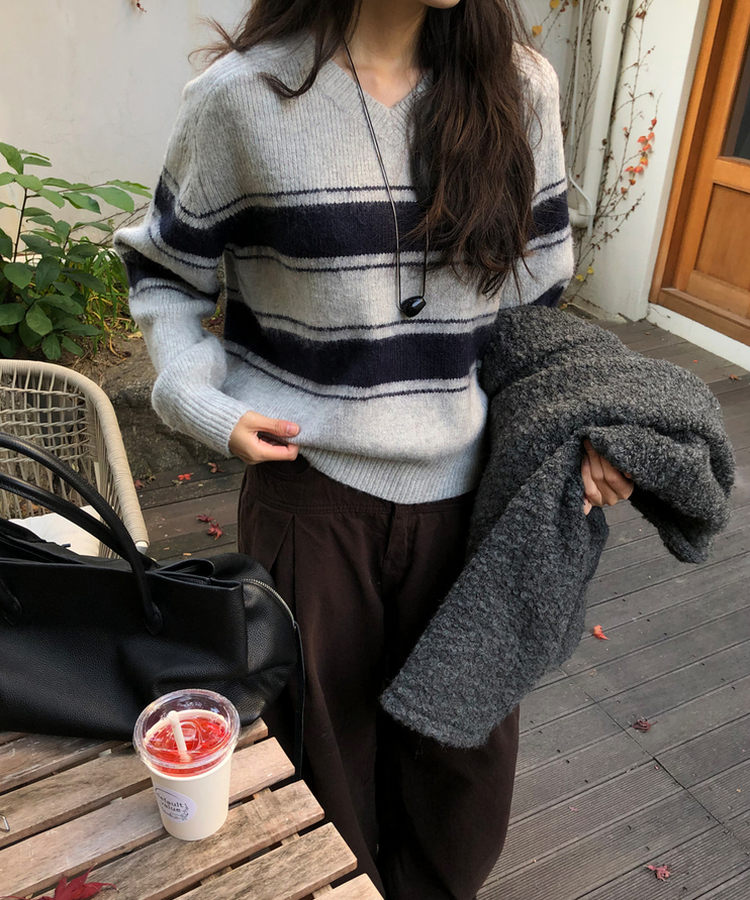 ストライプウールニット GREY