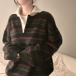 ストライプボタンオーバーフィットニット(5color) BLACK