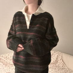 ストライプボタンオーバーフィットニット(5color) BLACK